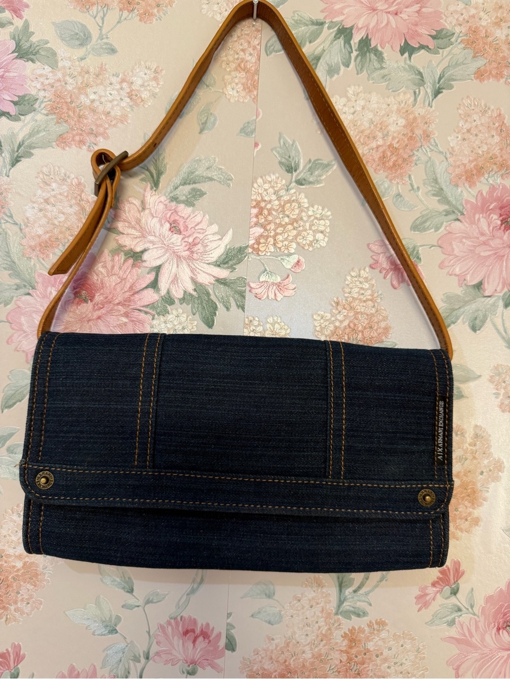 Y2K Armani Exchange Dark Denim Shoulder Bag with Tan Strap